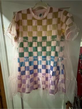 Pastel Pink Rainbow Check Mini Dress with Sheer Overlay